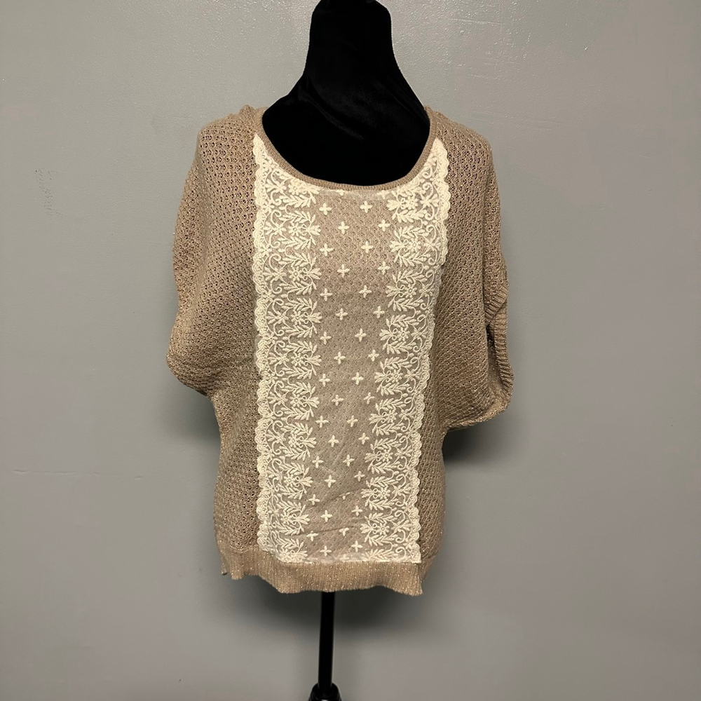 New Directions Weekend Crew Neck Sweater lace overlay women’s Large Beige White